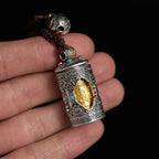 Fortune Jewel Om Mani Padme Hum Ghau Prayer Box Copper Plated Silver Luck Key Chain Fortune Jewel