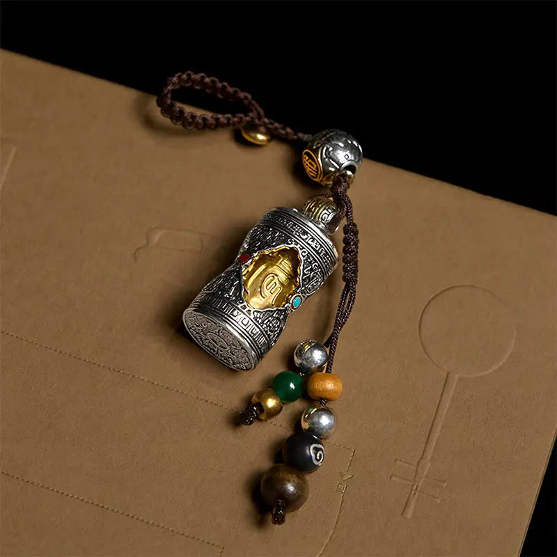 Fortune Jewel Om Mani Padme Hum Ghau Prayer Box Copper Plated Silver Luck Key Chain Fortune Jewel