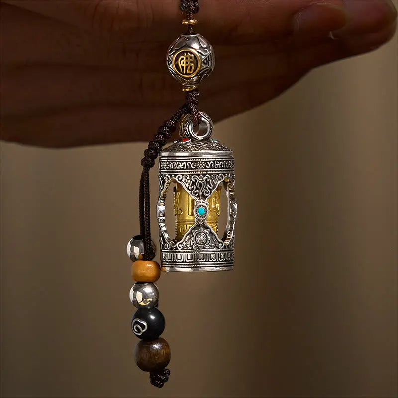 Fortune Jewel Om Mani Padme Hum Ghau Prayer Box Copper Plated Silver Luck Key Chain Fortune Jewel