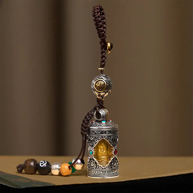 Fortune Jewel Om Mani Padme Hum Ghau Prayer Box Copper Plated Silver Luck Key Chain Fortune Jewel