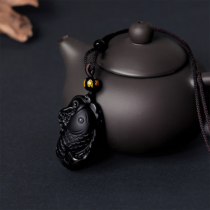 Fortune Jewel Natural Black Obsidian Amphioxus Strength Necklace Pendant
