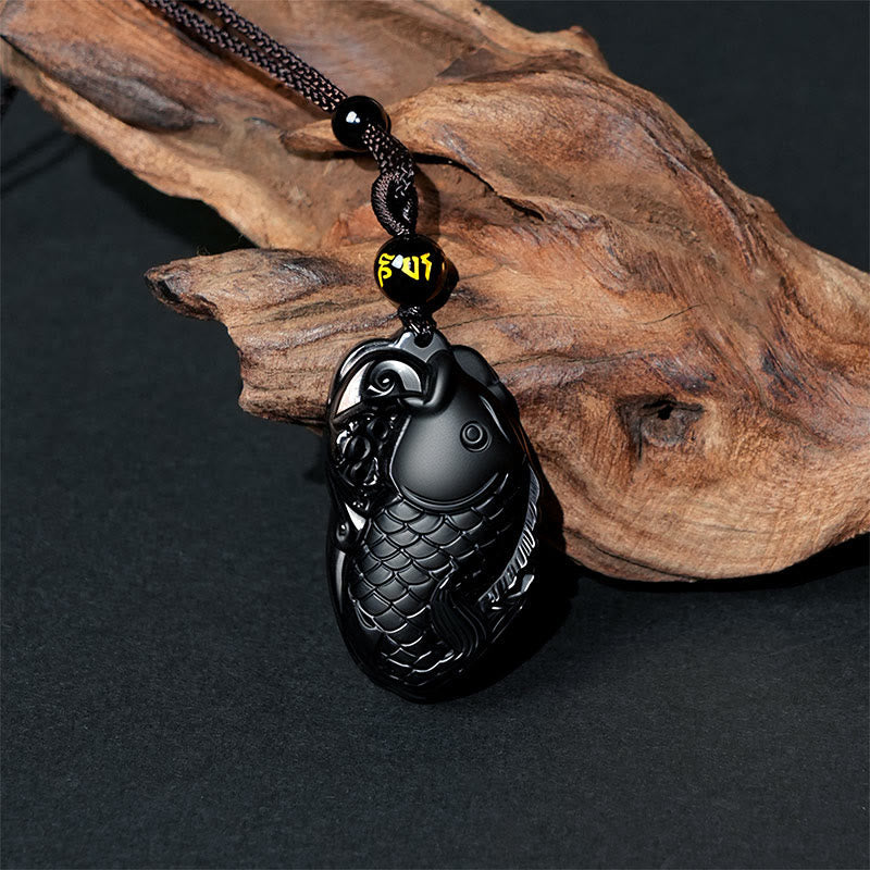Fortune Jewel Natural Black Obsidian Amphioxus Strength Necklace Pendant