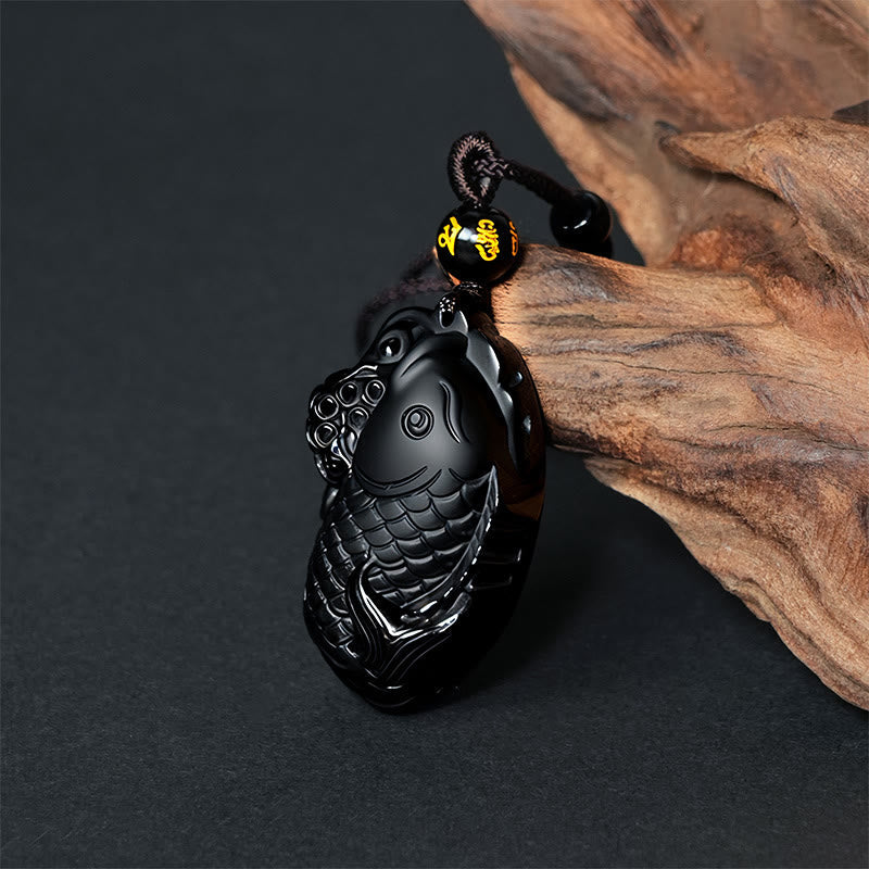 Fortune Jewel Natural Black Obsidian Amphioxus Strength Necklace Pendant