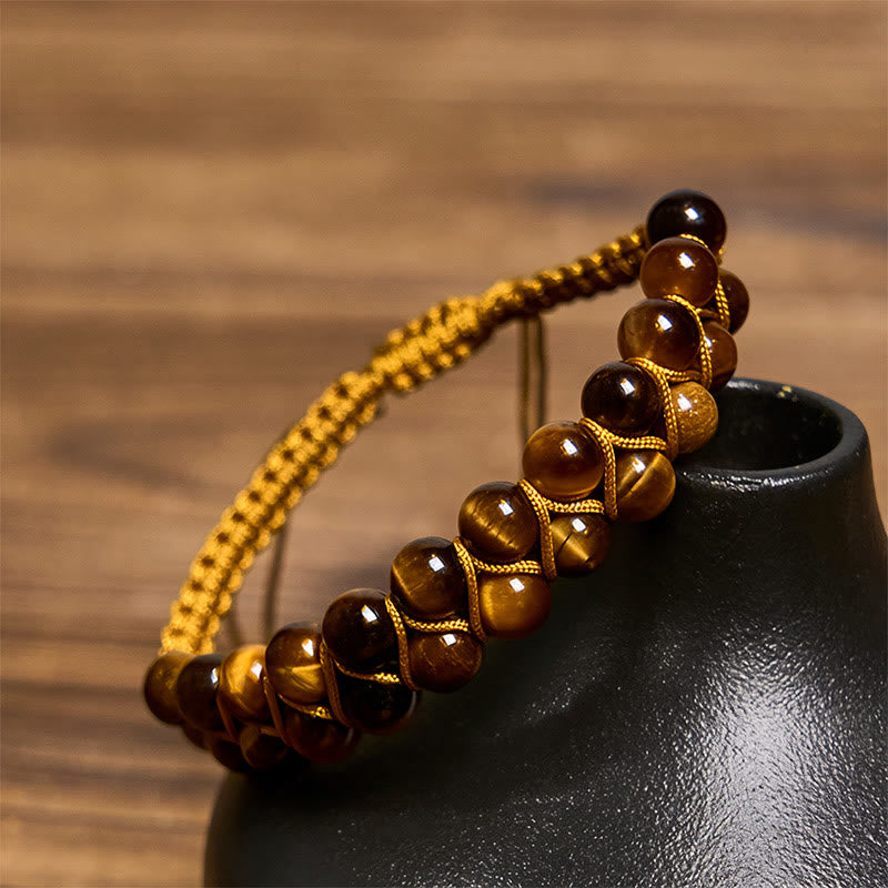 Fortune Jewel Natural Tiger Eye Cinnabar Hand-woven Double Row Beads Protection Bracelet