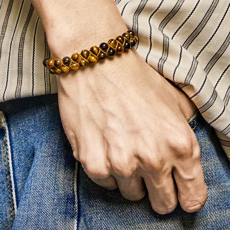 Fortune Jewel Natural Tiger Eye Cinnabar Hand-woven Double Row Beads Protection Bracelet