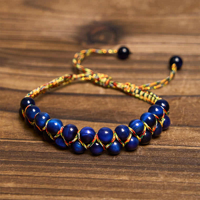 Fortune Jewel Natural Blue Tiger Eye Hand-woven Colored Rope Double Row Beads Balance Bracelet