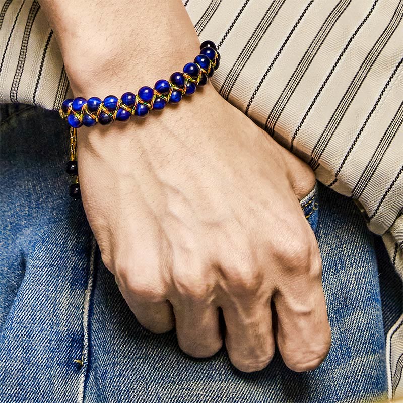 Fortune Jewel Natural Blue Tiger Eye Hand-woven Colored Rope Double Row Beads Balance Bracelet