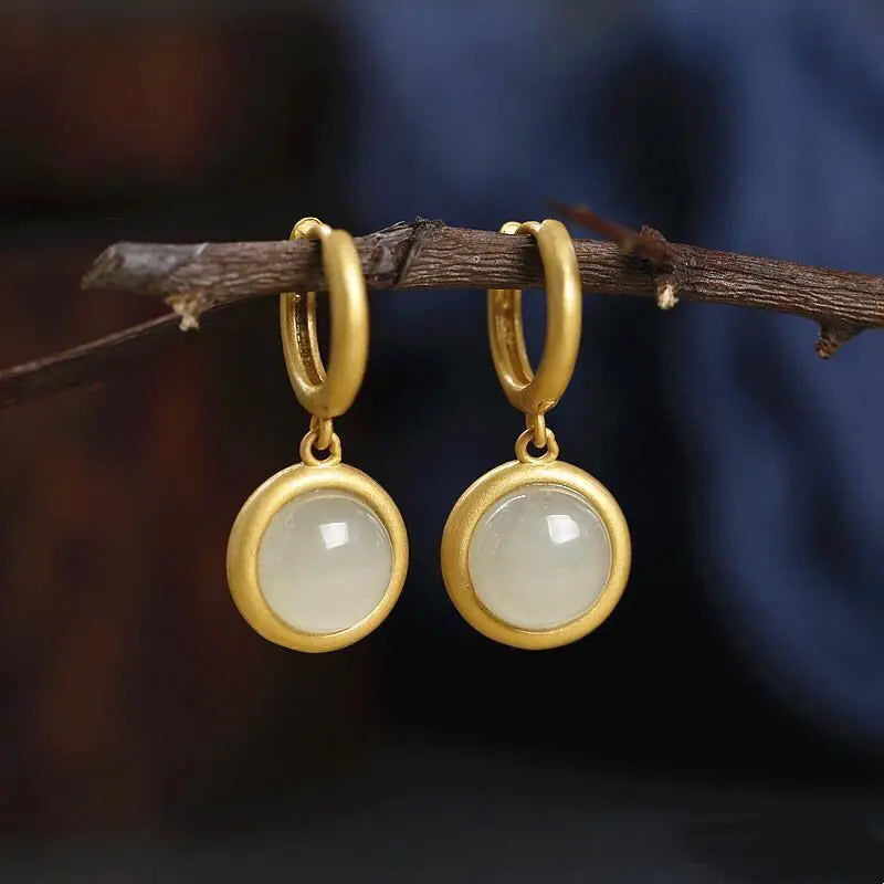 Fortune Jewel 925 Sterling Silver White Jade Agate Prosperity Earrings Fortune Jewel