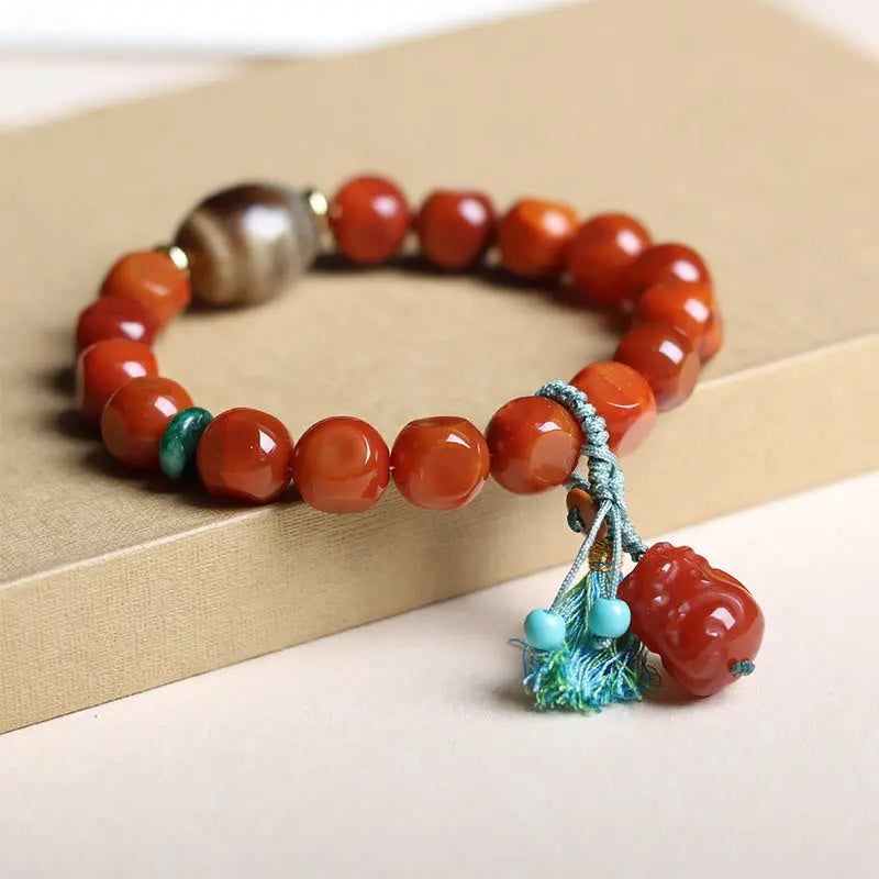 Fortune Jewel Natural South Red Agate Pixiu Dzi Bead Fortune Luck Bracelet Fortune Jewel