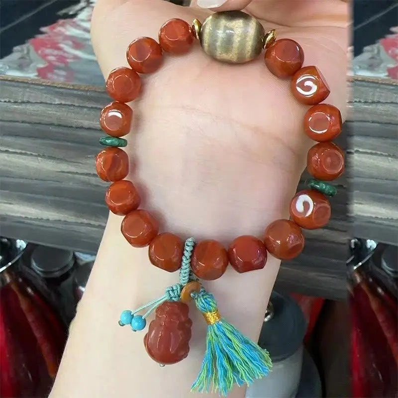 Fortune Jewel Natural South Red Agate Pixiu Dzi Bead Fortune Luck Bracelet Fortune Jewel