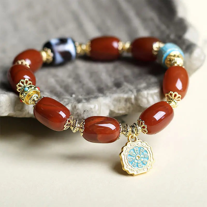 Fortune Jewel Natural South Red Agate Bagua Dzi Bead Power Bracelet Fortune Jewel