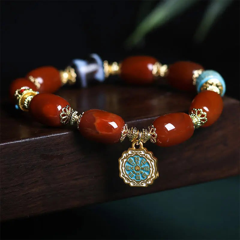 Fortune Jewel Natural South Red Agate Bagua Dzi Bead Power Bracelet Fortune Jewel