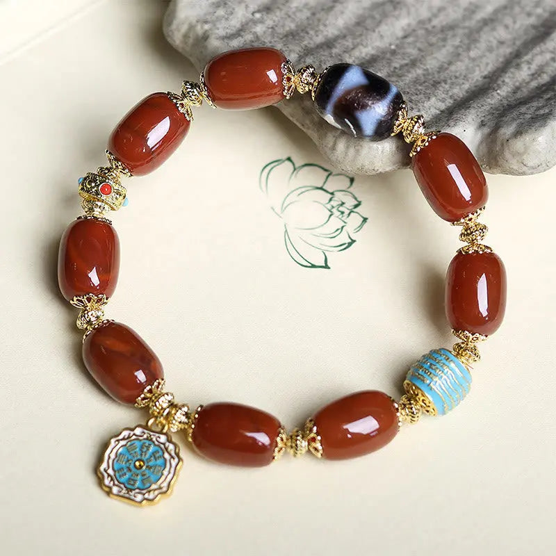 Fortune Jewel Natural South Red Agate Bagua Dzi Bead Power Bracelet Fortune Jewel