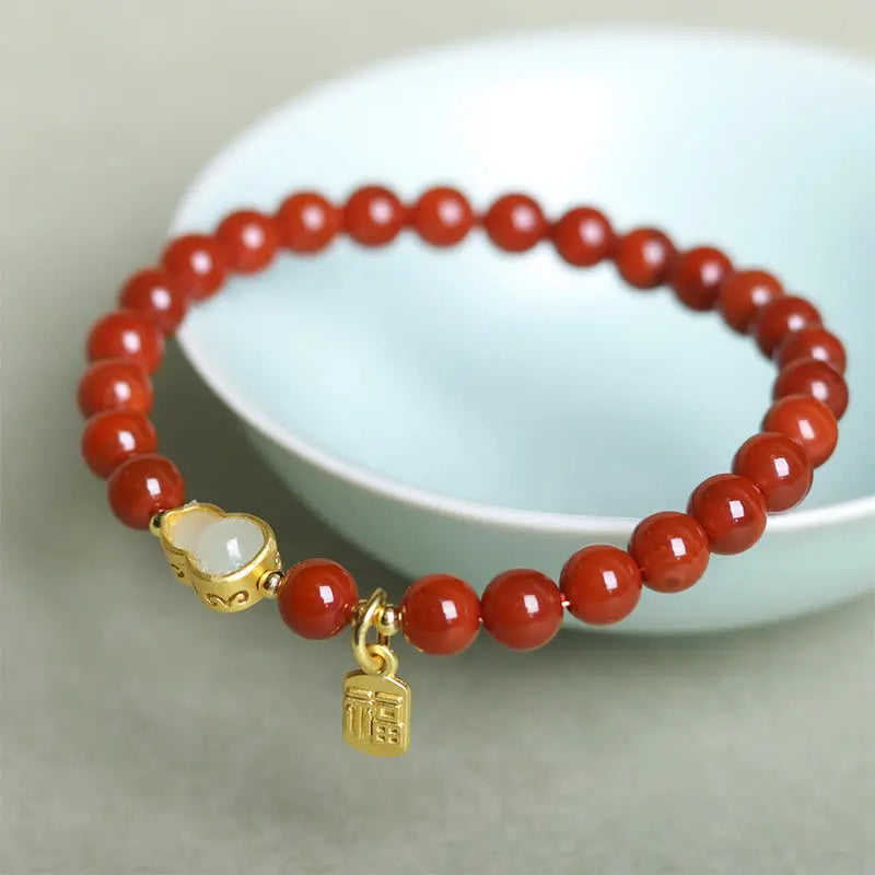 Fortune Jewel Natural South Red Agate Hetian Jade Gourd Positive Bracelet Fortune Jewel