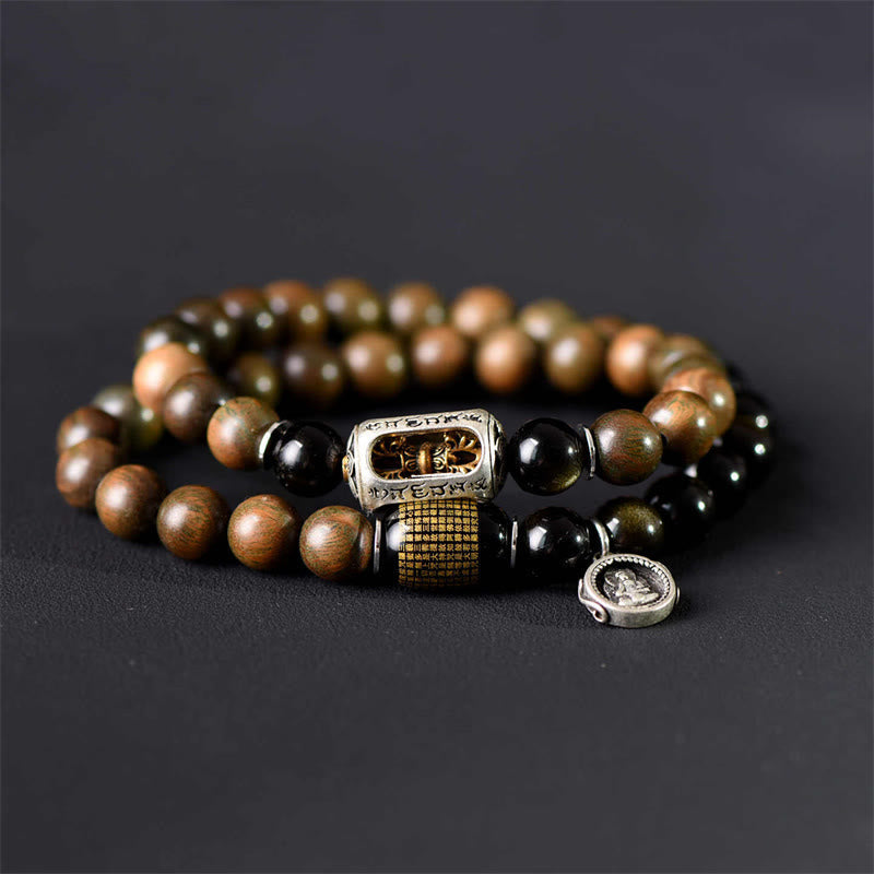 Fortune Jewel Tibetan Green Sandalwood Gold Sheen Obsidian Balance Peace Double Wrap Bracelet