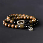 Fortune Jewel Tibetan Green Sandalwood Gold Sheen Obsidian Balance Peace Double Wrap Bracelet