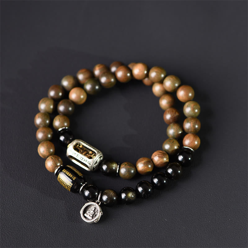 Fortune Jewel Tibetan Green Sandalwood Gold Sheen Obsidian Balance Peace Double Wrap Bracelet