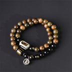 Fortune Jewel Tibetan Green Sandalwood Gold Sheen Obsidian Balance Peace Double Wrap Bracelet