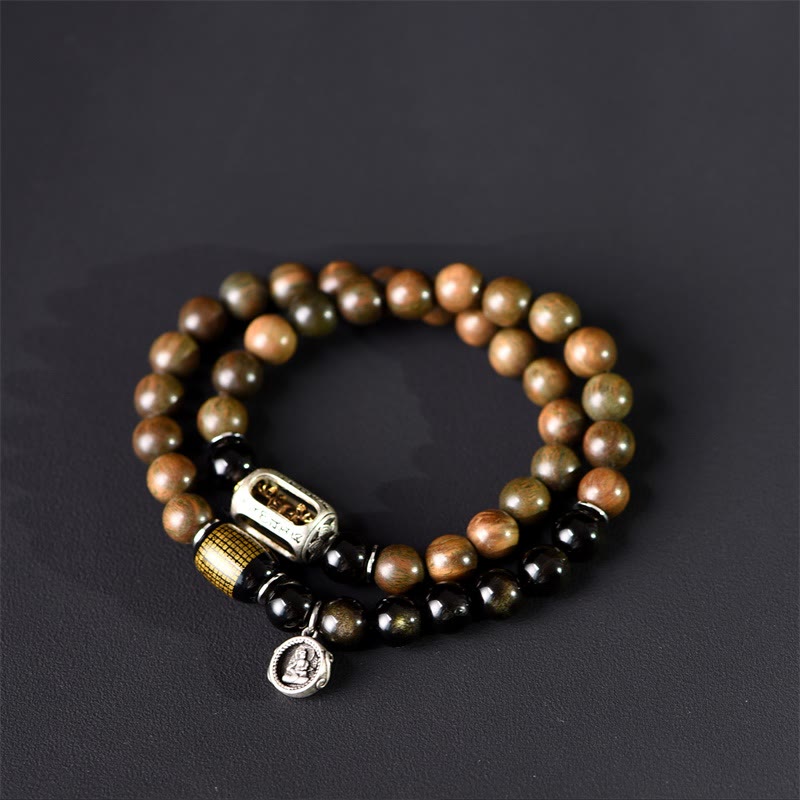 Fortune Jewel Tibetan Green Sandalwood Gold Sheen Obsidian Balance Peace Double Wrap Bracelet