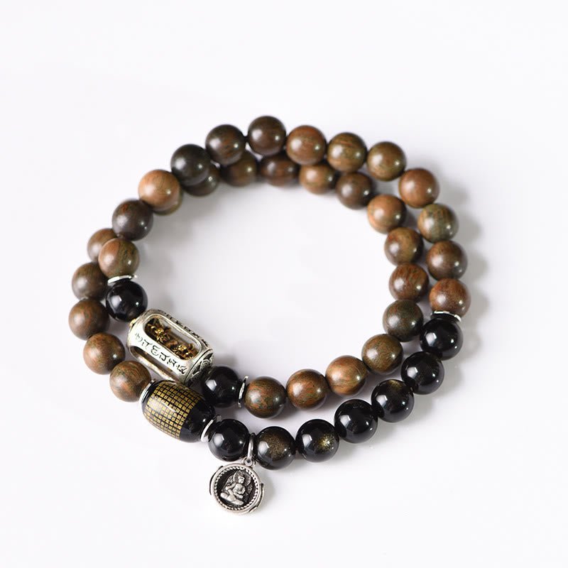 Fortune Jewel Tibetan Green Sandalwood Gold Sheen Obsidian Balance Peace Double Wrap Bracelet
