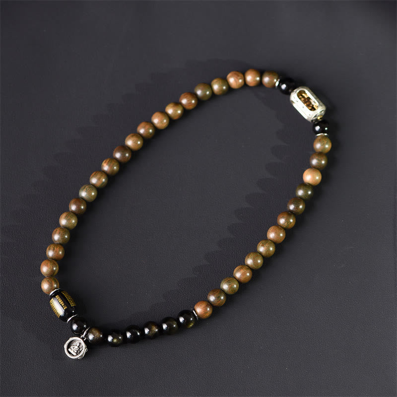 Fortune Jewel Tibetan Green Sandalwood Gold Sheen Obsidian Balance Peace Double Wrap Bracelet
