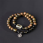 Fortune Jewel Tibetan Green Sandalwood Gold Sheen Obsidian Balance Peace Double Wrap Bracelet