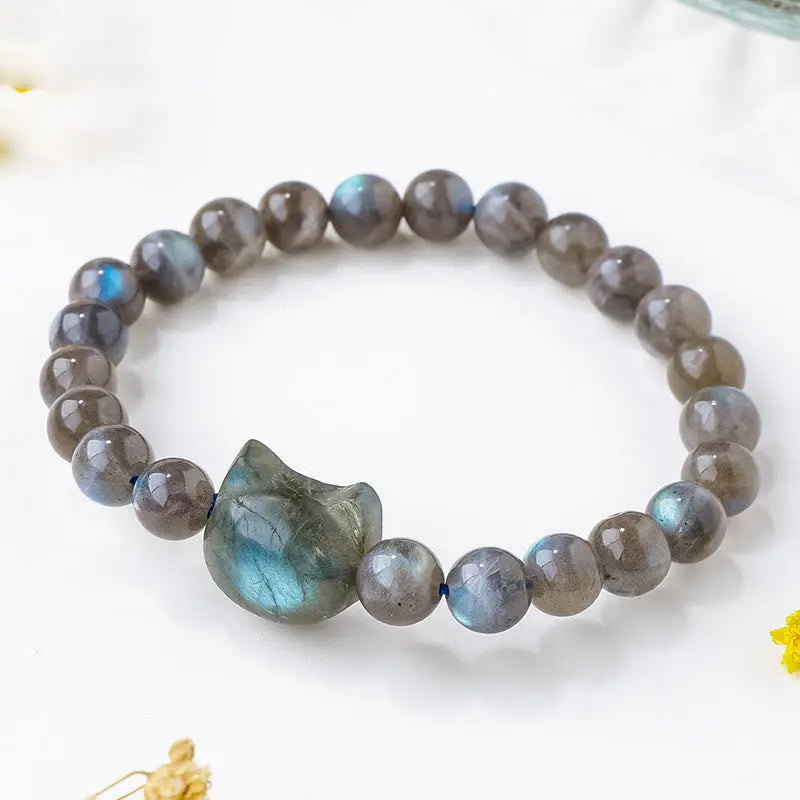 Fortune Jewel Natural Labradorite Cute Cat Head Healing Change Bracelet Fortune Jewel