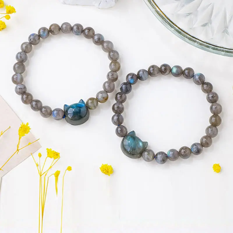 Fortune Jewel Natural Labradorite Cute Cat Head Healing Change Bracelet Fortune Jewel