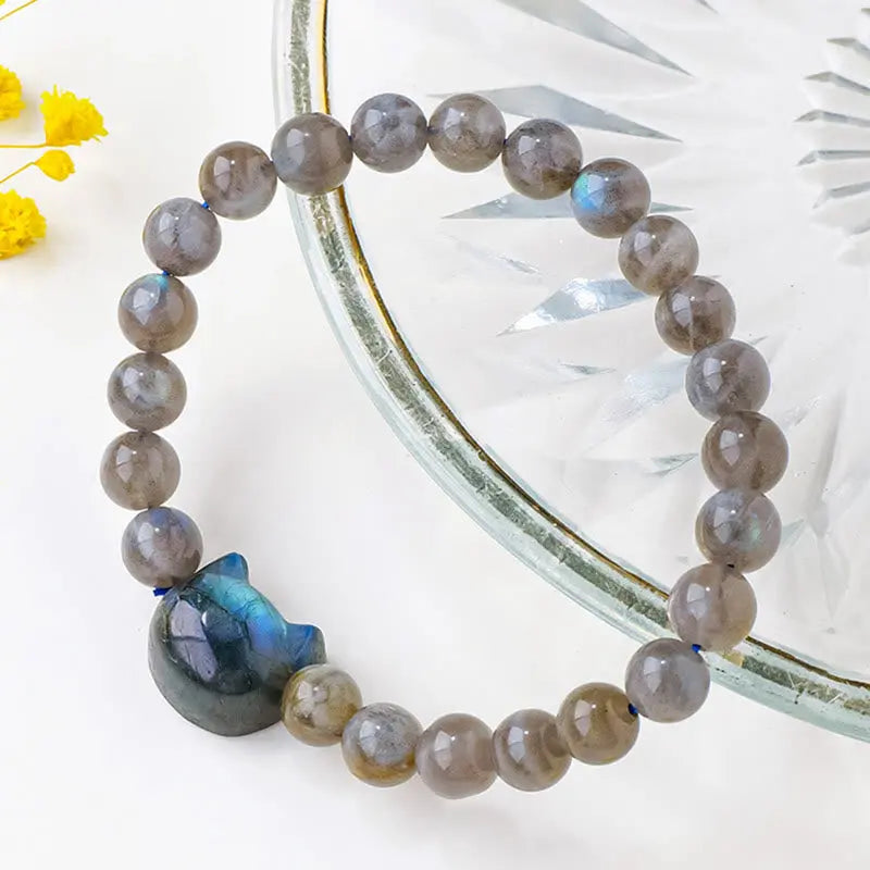 Fortune Jewel Natural Labradorite Cute Cat Head Healing Change Bracelet Fortune Jewel