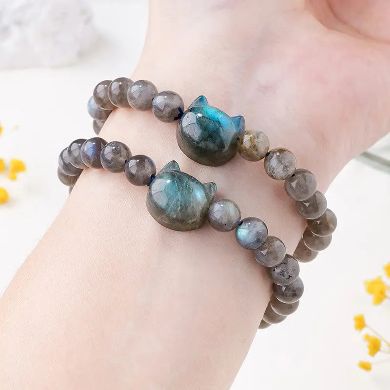 Fortune Jewel Natural Labradorite Cute Cat Head Healing Change Bracelet Fortune Jewel