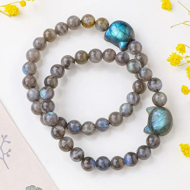 Fortune Jewel Natural Labradorite Cute Cat Head Healing Change Bracelet Fortune Jewel