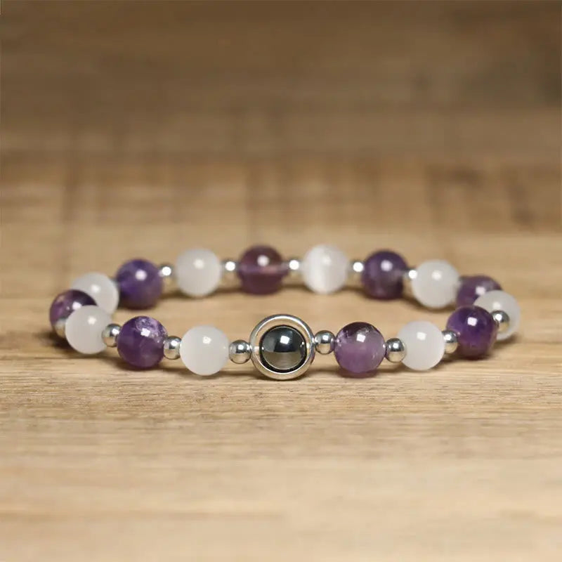 Fortune Jewel Natural Amethyst White Cat's Eye Beads Balance Bracelet Fortune Jewel