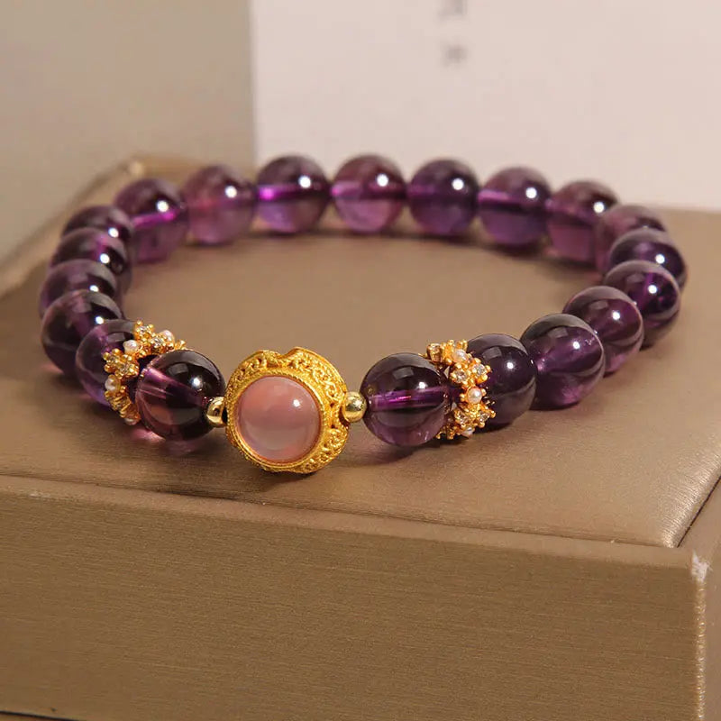 Fortune Jewel Natural Amethyst Strawberry Quartz Beads Healing Bracelet Fortune Jewel