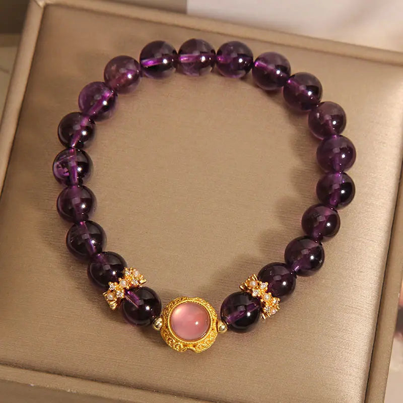 Fortune Jewel Natural Amethyst Strawberry Quartz Beads Healing Bracelet Fortune Jewel