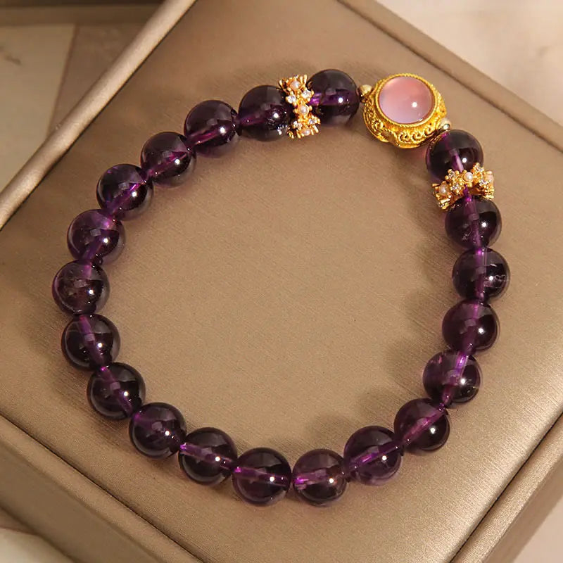 Fortune Jewel Natural Amethyst Strawberry Quartz Beads Healing Bracelet Fortune Jewel