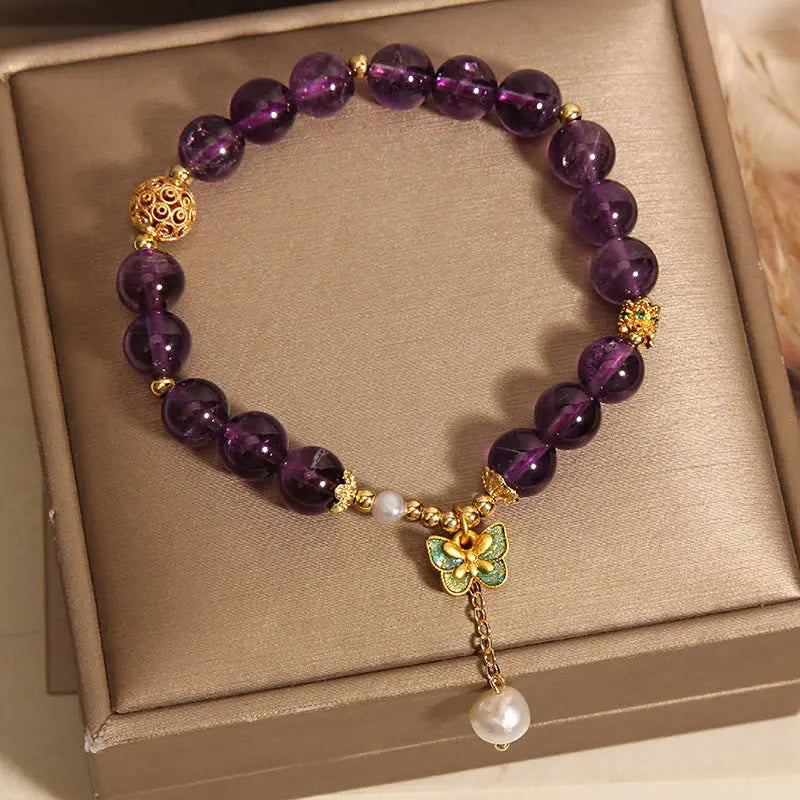 Fortune Jewel Natural Amethyst Amber Green Butterfly Healing Bracelet Fortune Jewel