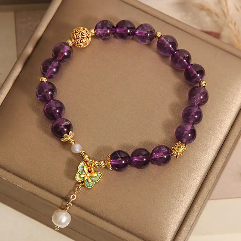 Fortune Jewel Natural Amethyst Amber Green Butterfly Healing Bracelet Fortune Jewel