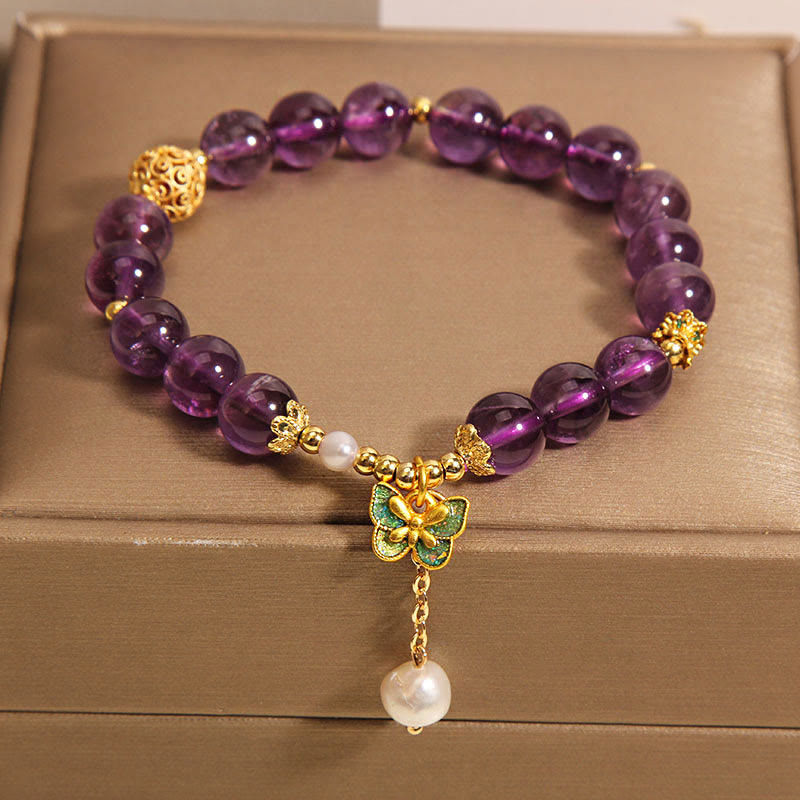 Fortune Jewel Natural Amethyst Amber Green Butterfly Healing Bracelet Fortune Jewel