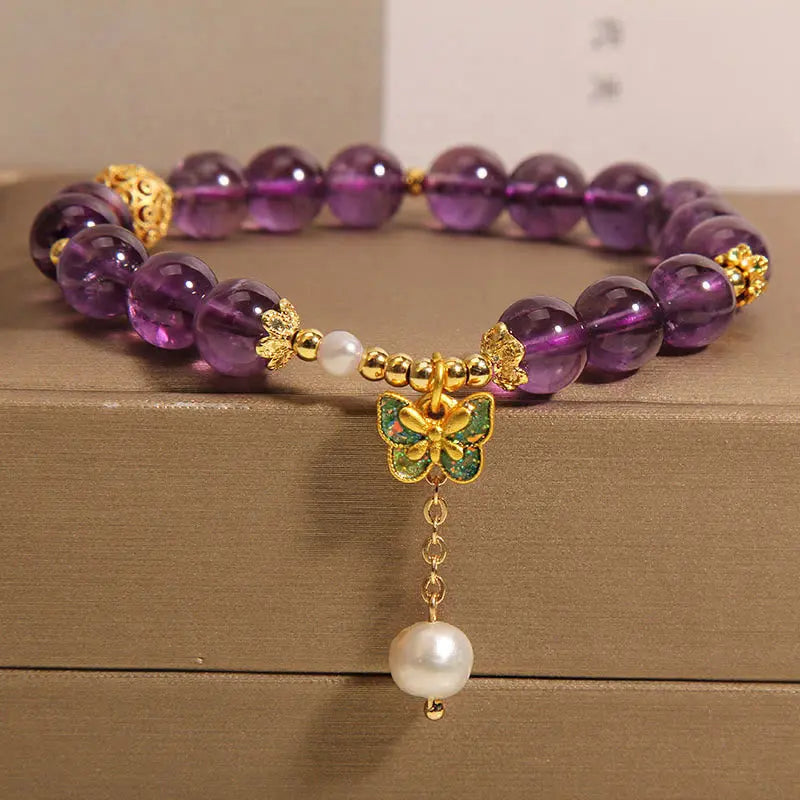 Fortune Jewel Natural Amethyst Amber Green Butterfly Healing Bracelet Fortune Jewel