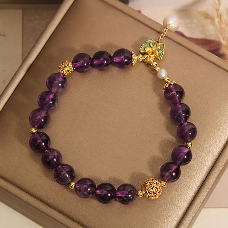 Fortune Jewel Natural Amethyst Amber Green Butterfly Healing Bracelet Fortune Jewel
