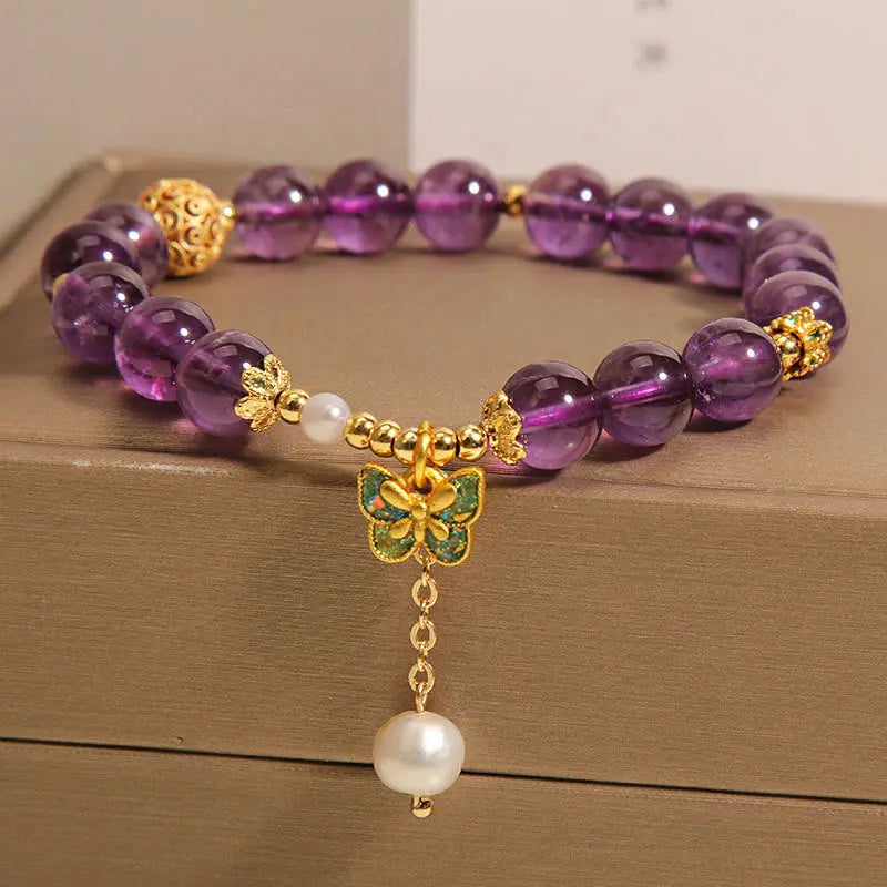 Fortune Jewel Natural Amethyst Amber Green Butterfly Healing Bracelet Fortune Jewel
