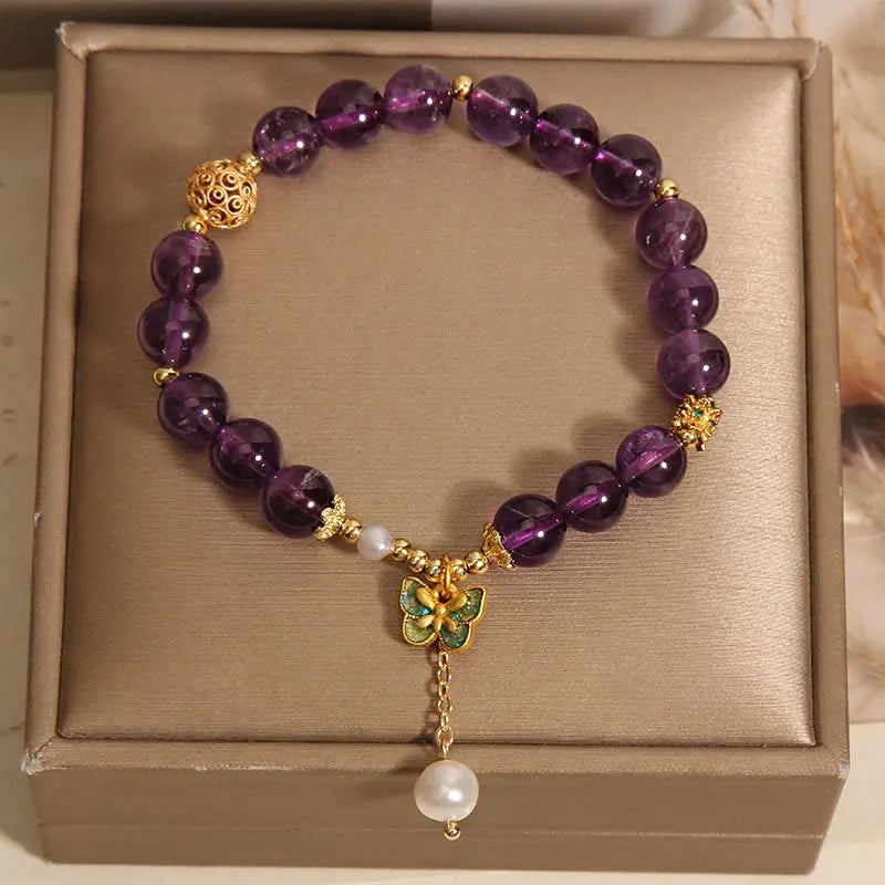 Fortune Jewel Natural Amethyst Amber Green Butterfly Healing Bracelet Fortune Jewel