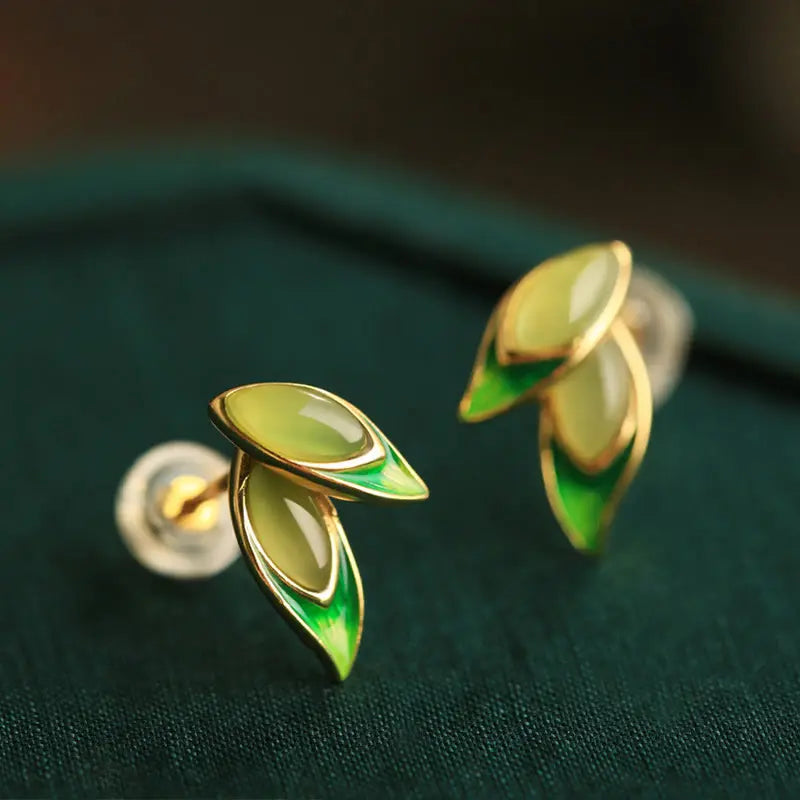 Fortune Jewel 925 Sterling Silver Jade Leaf Prosperity Earrings Fortune Jewel
