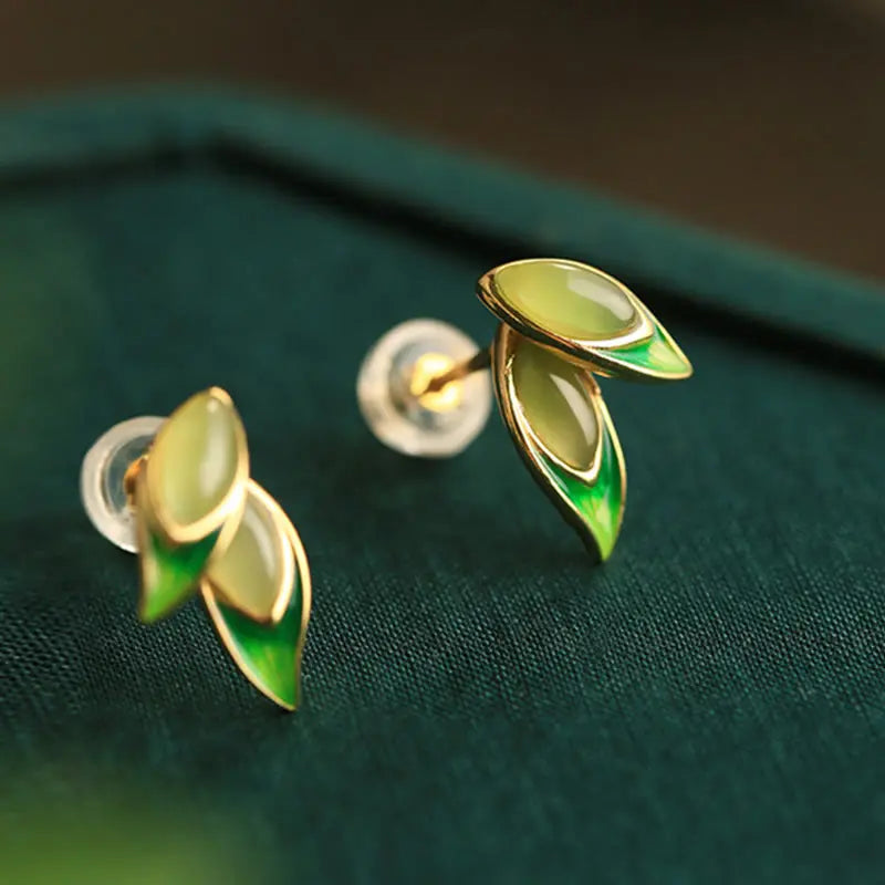 Fortune Jewel 925 Sterling Silver Jade Leaf Prosperity Earrings Fortune Jewel