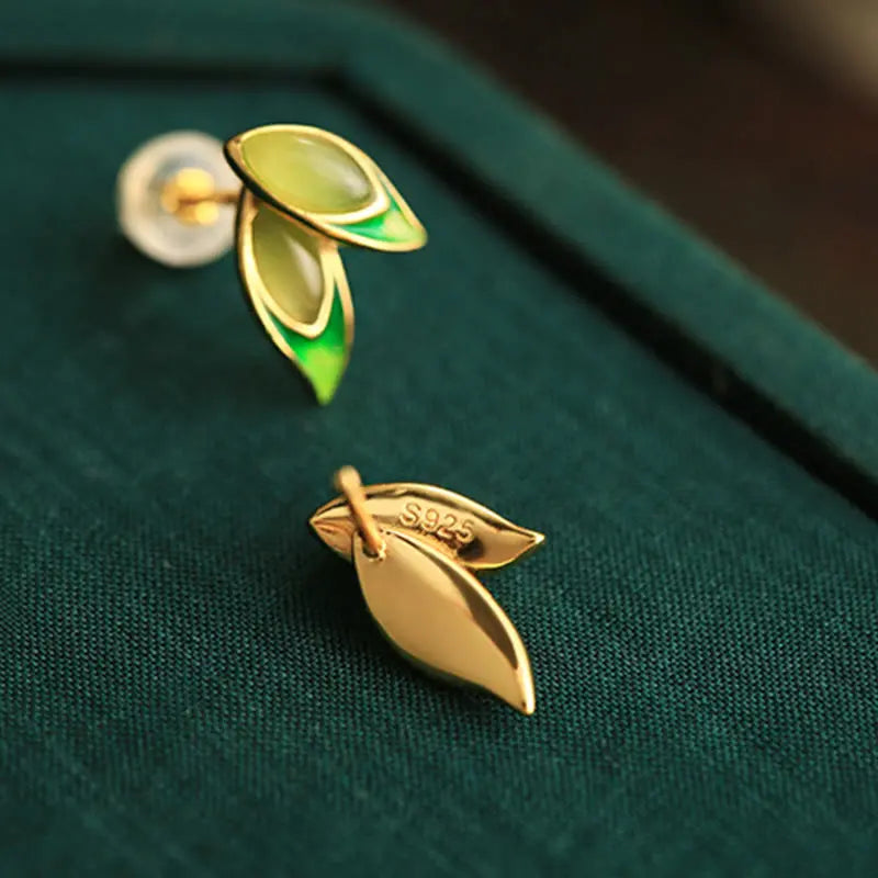 Fortune Jewel 925 Sterling Silver Jade Leaf Prosperity Earrings Fortune Jewel