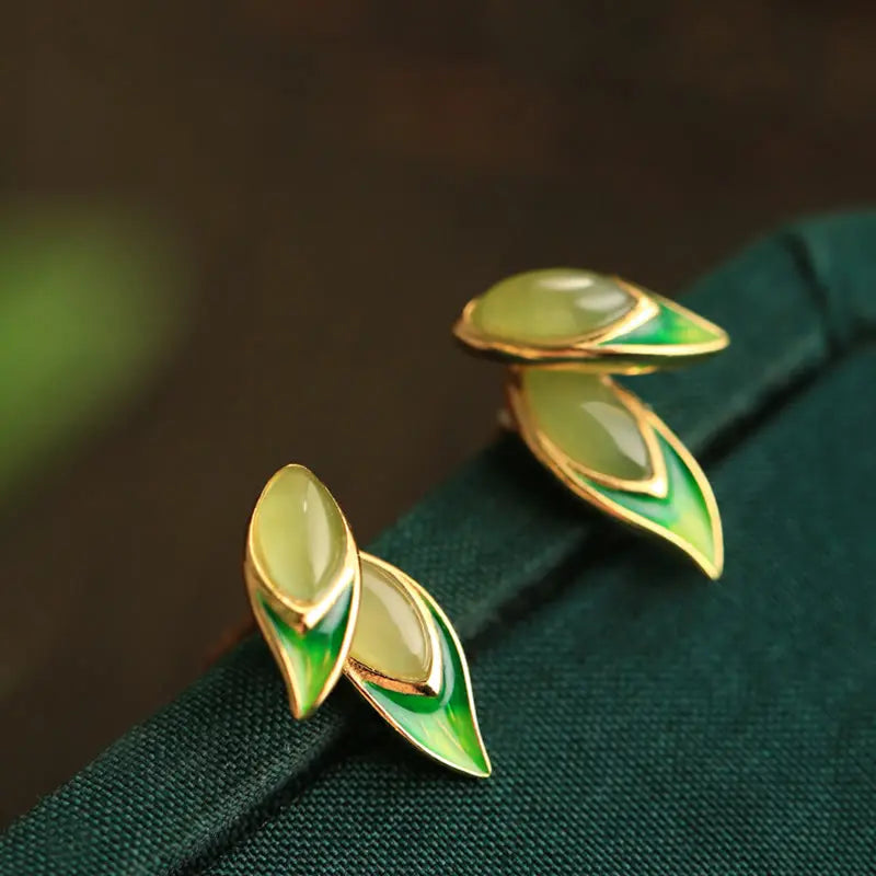 Fortune Jewel 925 Sterling Silver Jade Leaf Prosperity Earrings Fortune Jewel