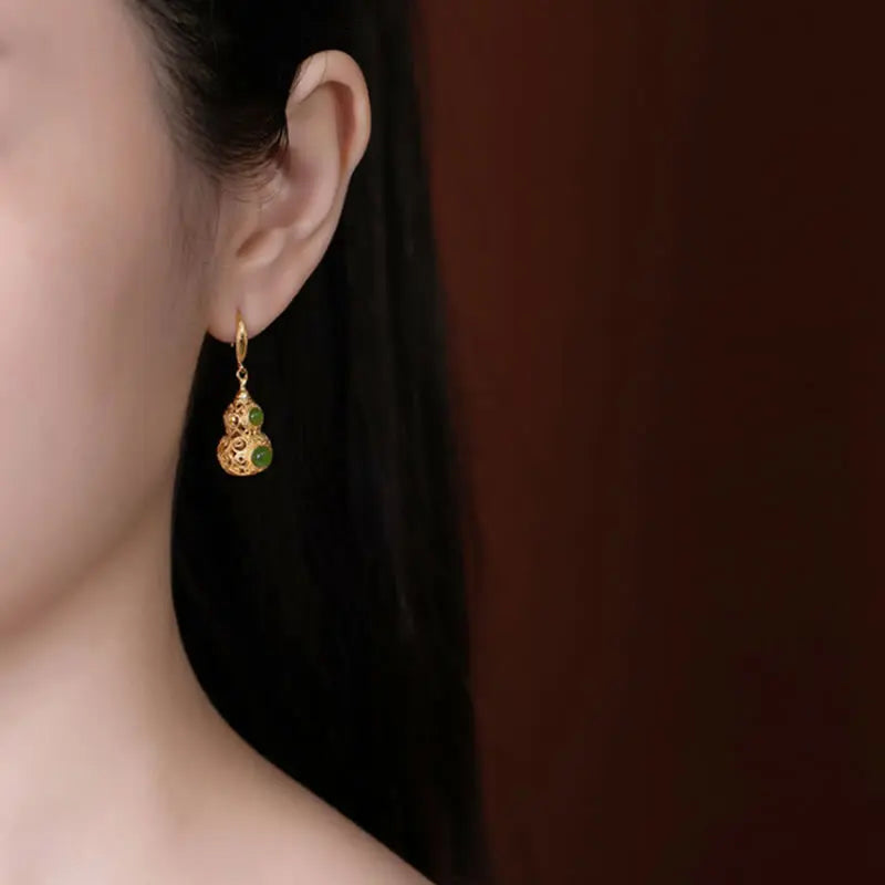 Fortune Jewel Copper Hollow Gourd Jade Prosperity Earrings Fortune Jewel