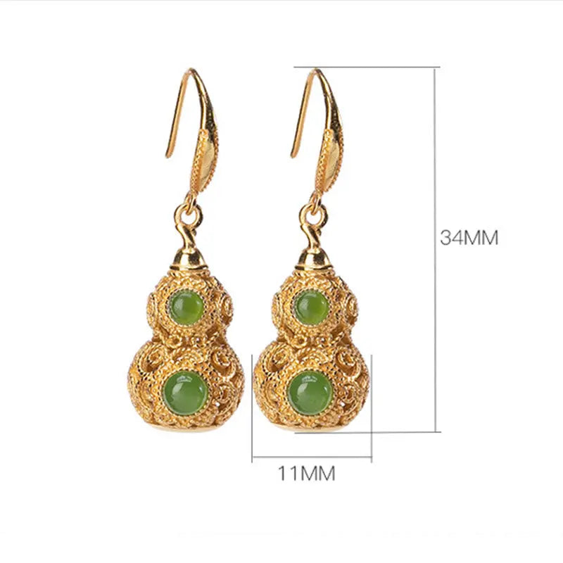 Fortune Jewel Copper Hollow Gourd Jade Prosperity Earrings Fortune Jewel