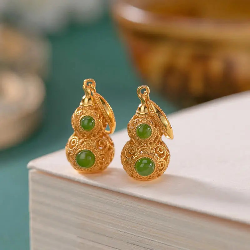 Fortune Jewel Copper Hollow Gourd Jade Prosperity Earrings Fortune Jewel
