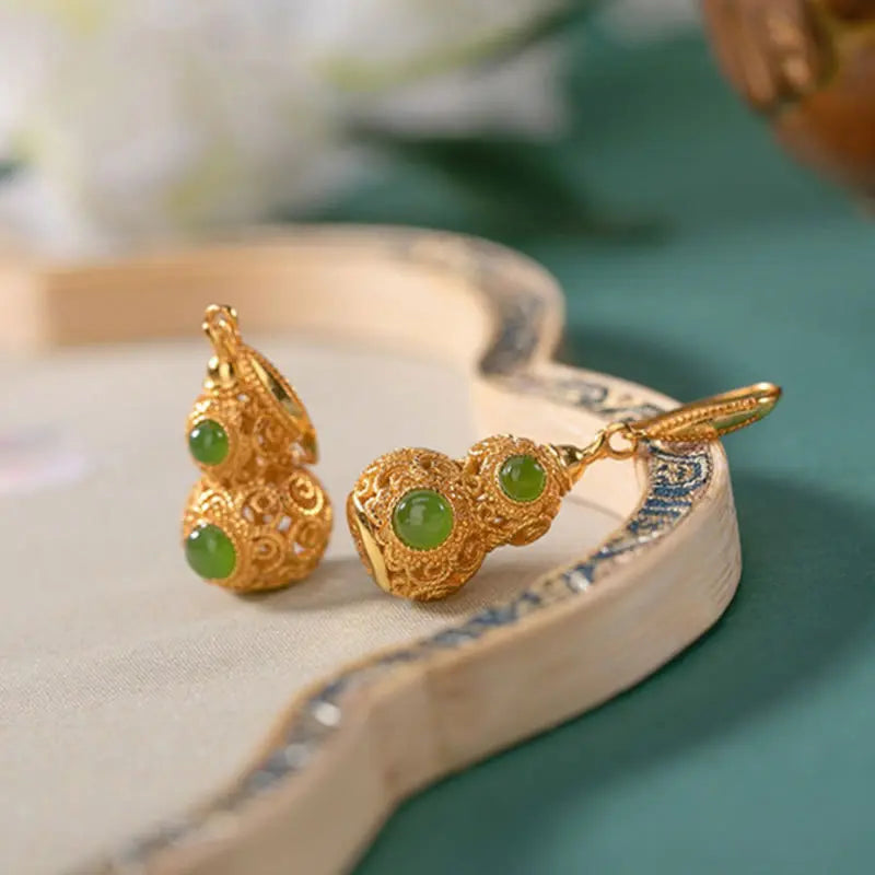 Fortune Jewel Copper Hollow Gourd Jade Prosperity Earrings Fortune Jewel